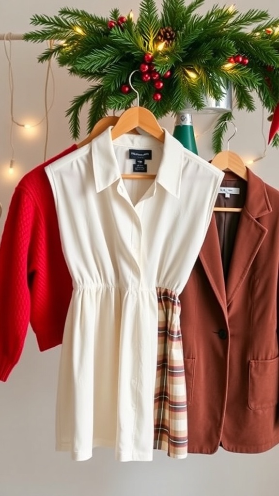 A display of simple Christmas outfits including a red sweater, white dress, plaid skirt, and velvet blazer with holiday decorations.